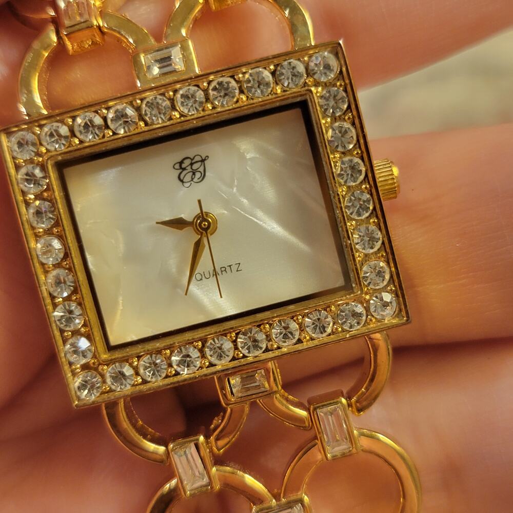 Vintage Watches EJ Gold Square Rhinestone Bracelet Watch Pearl Dial Japan Quartz